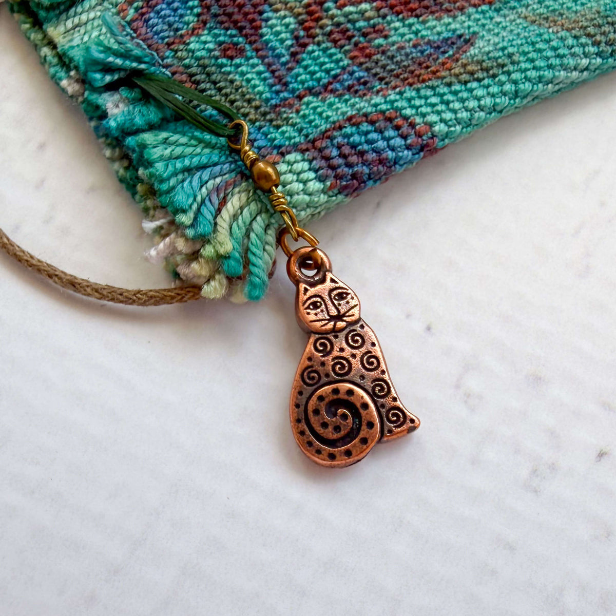 Handwoven Silk Amulet Bag - Leaves and Cat