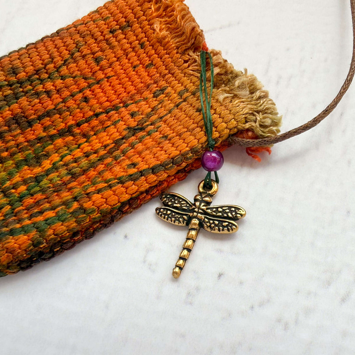 Handwoven Silk Amulet Bag - Copper Sunset and Dragonfly