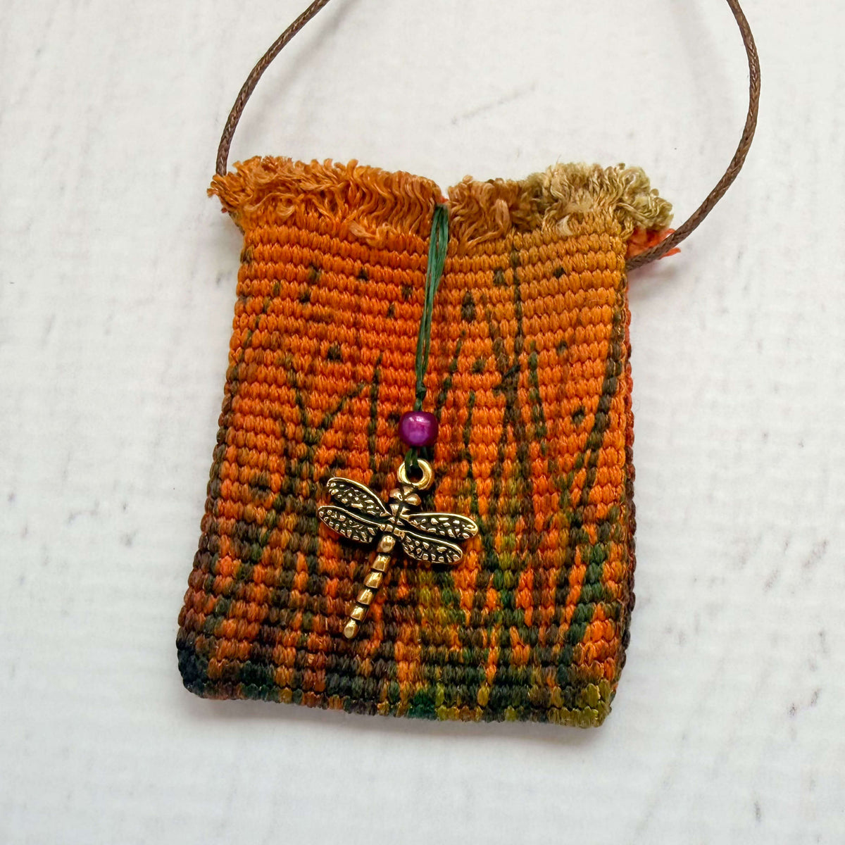Handwoven Silk Amulet Bag - Copper Sunset and Dragonfly