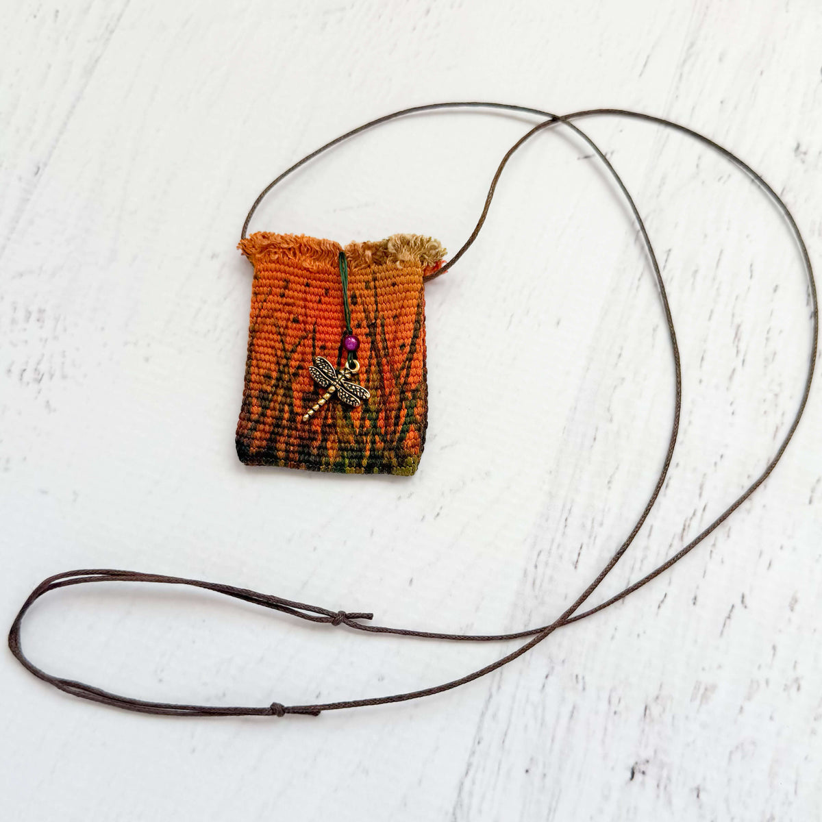 Handwoven Silk Amulet Bag - Copper Sunset and Dragonfly