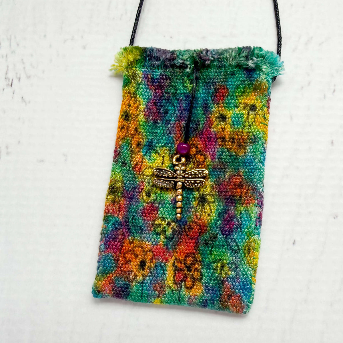 Handwoven Silk Amulet Bag - Flowers and Dragonfly