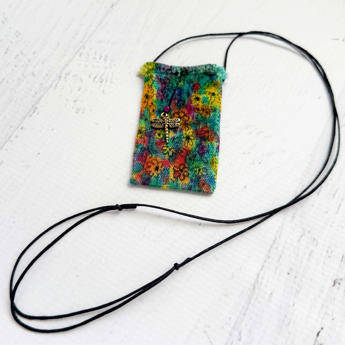 Handwoven Silk Amulet Bag - Flowers and Dragonfly