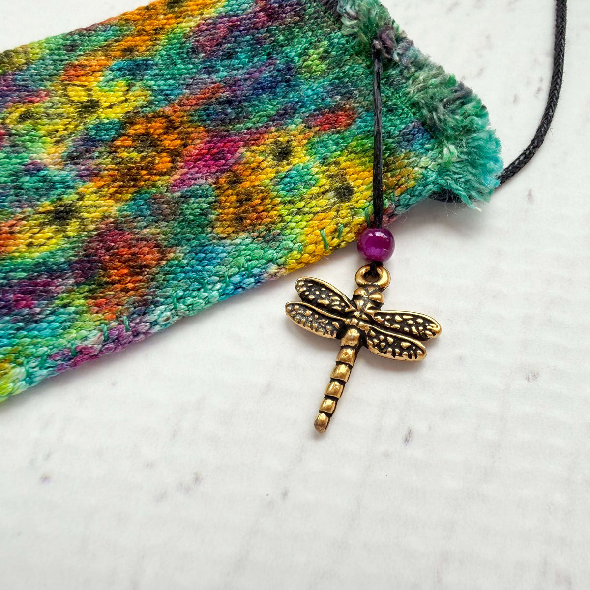 Handwoven Silk Amulet Bag - Flowers and Dragonfly