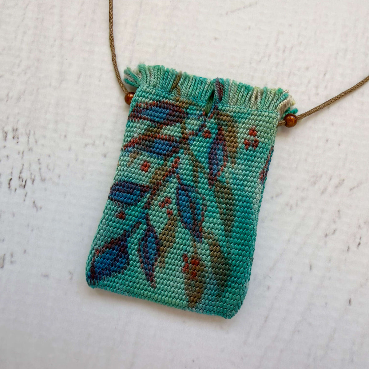 Handwoven Silk Amulet Bag - Leaves and Cat