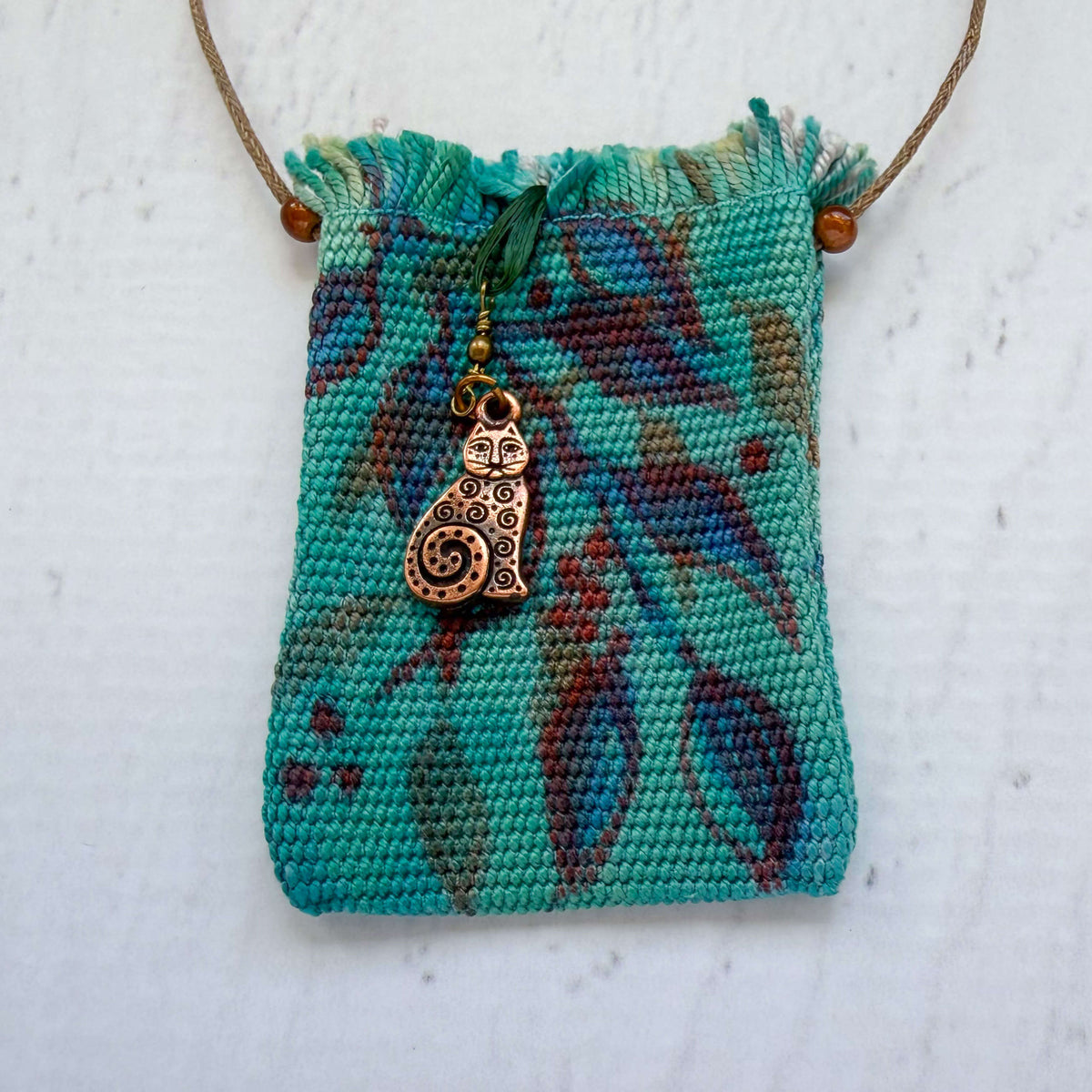 Handwoven Silk Amulet Bag - Leaves and Cat