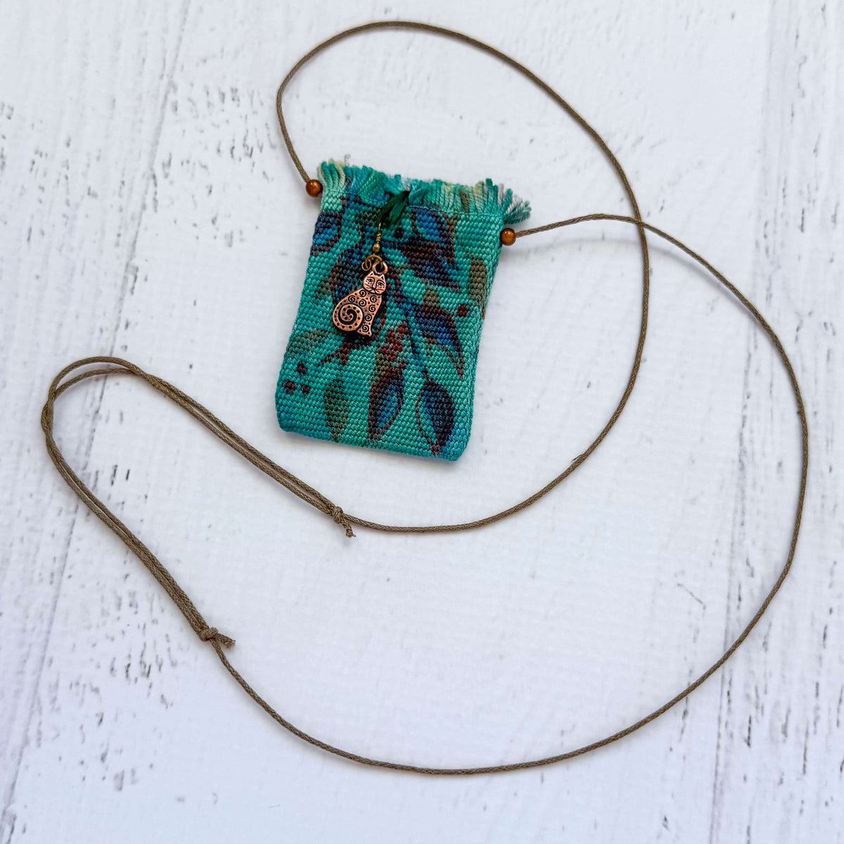 Handwoven Silk Amulet Bag - Leaves and Cat
