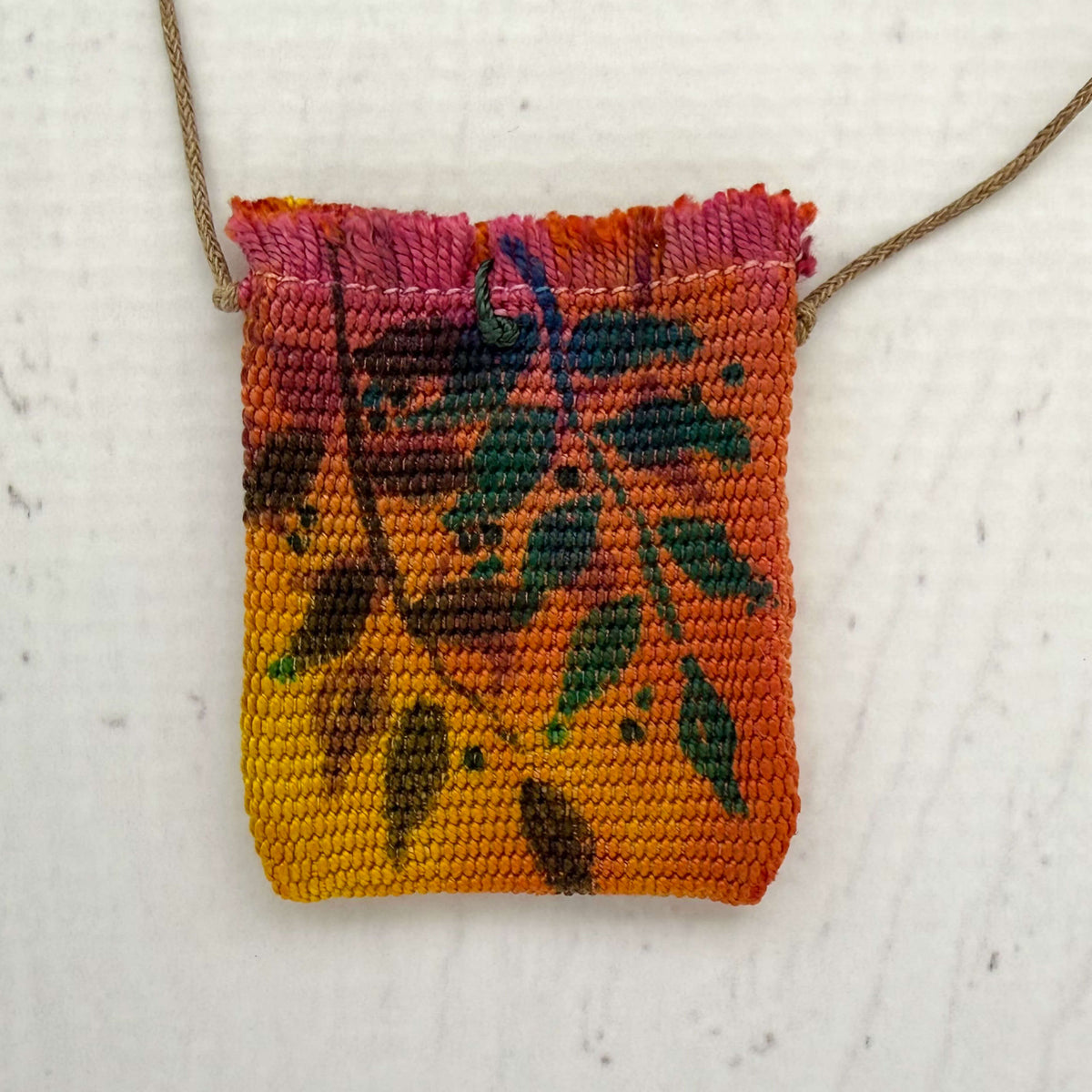 Handwoven Silk Amulet Bag - Leaves and Cat
