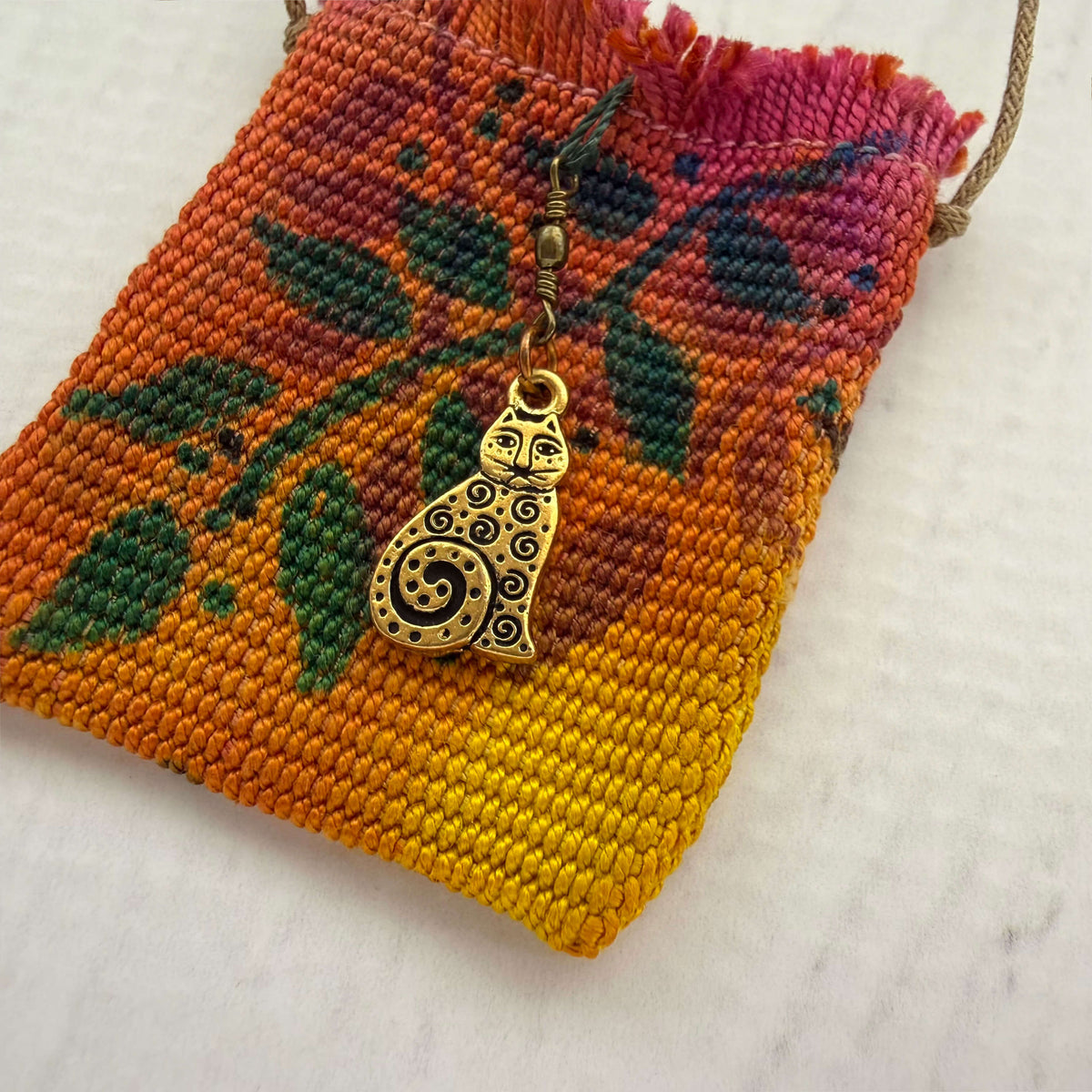 Handwoven Silk Amulet Bag - Leaves and Cat