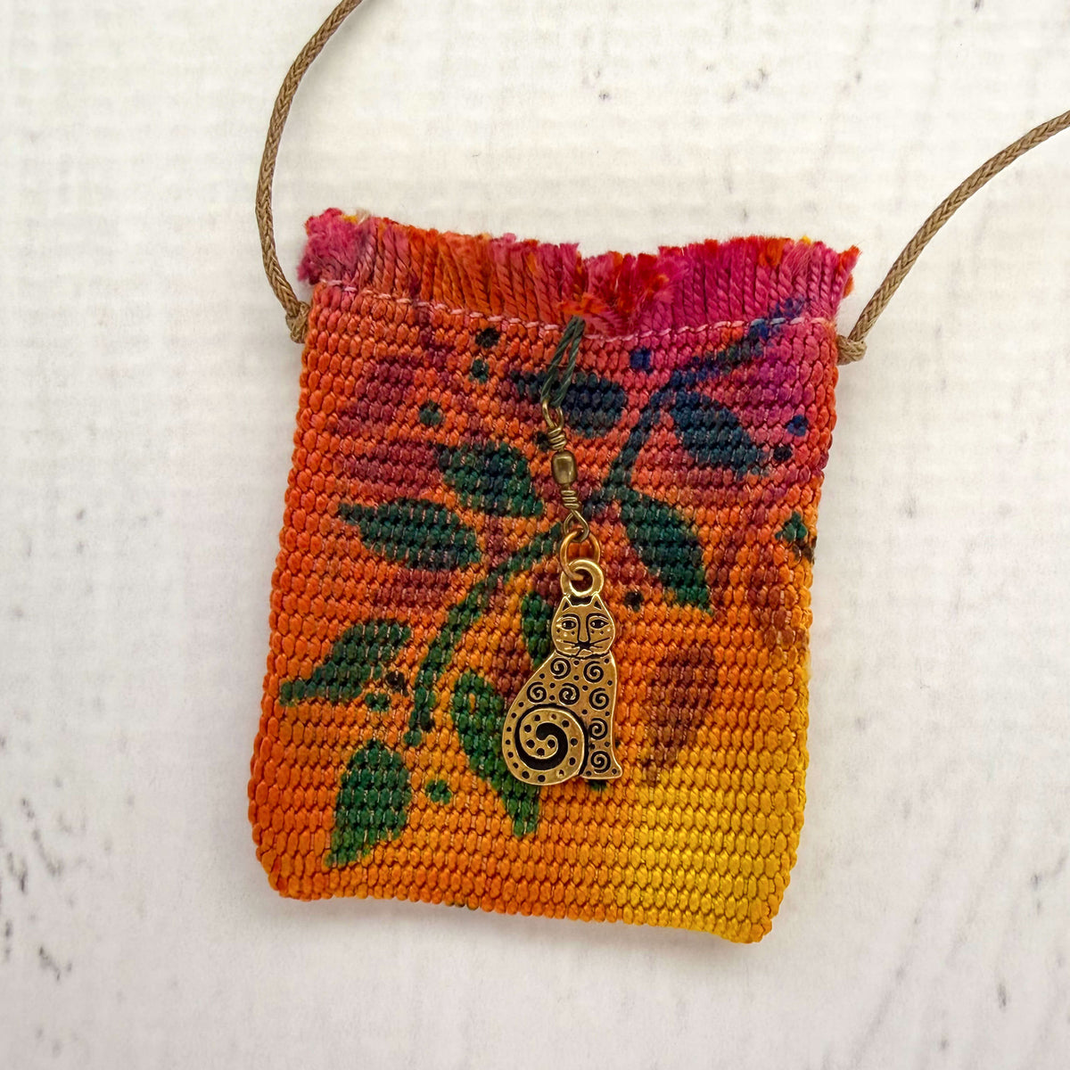 Handwoven Silk Amulet Bag - Leaves and Cat