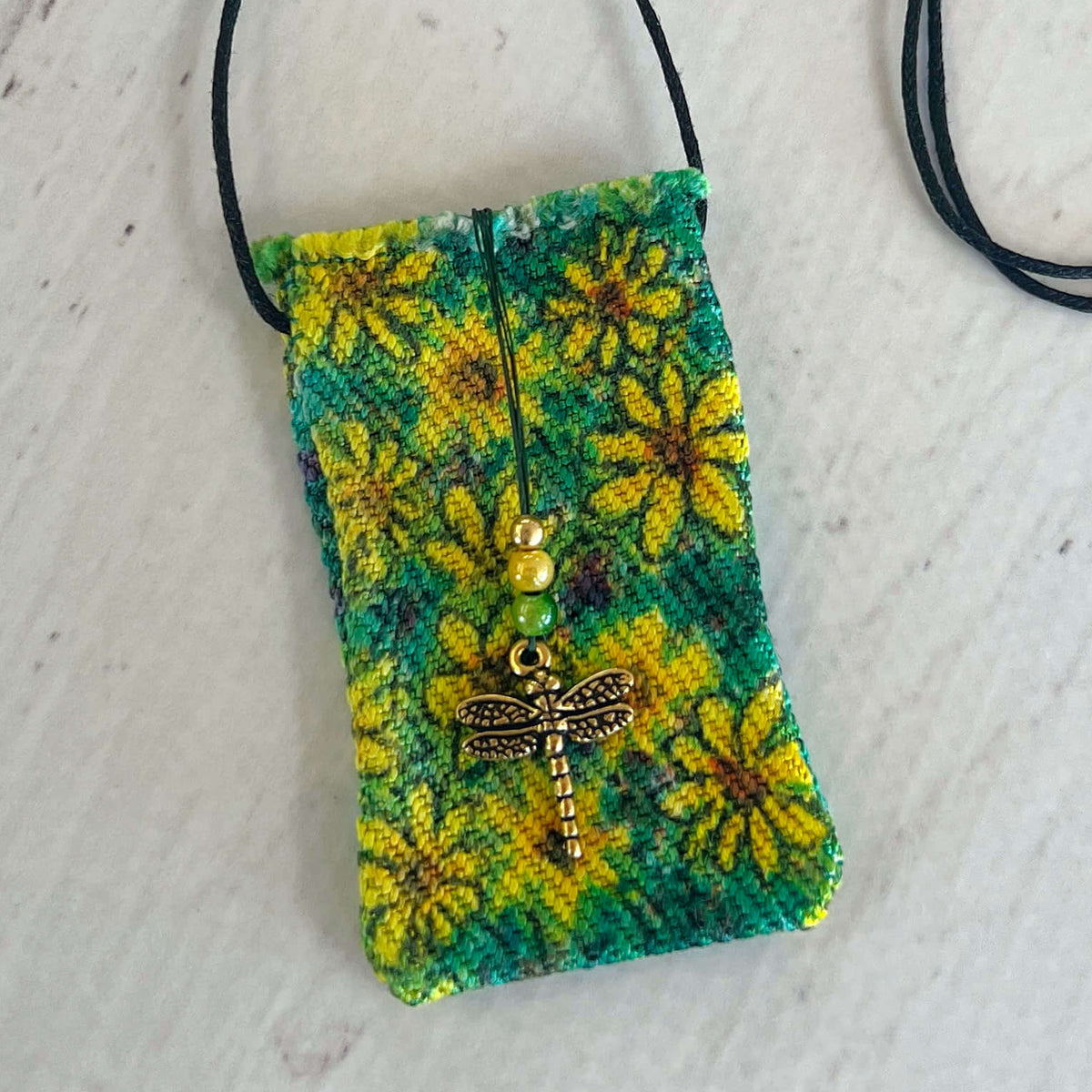 Handwoven Silk Amulet Bag - Daisies and Dragonfly