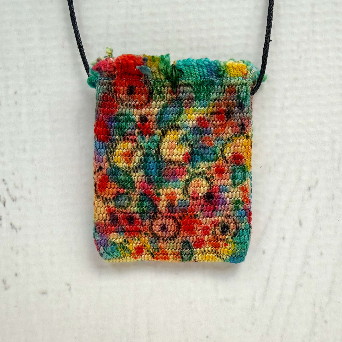Handwoven Silk Amulet Bag - Abstract Bird in Garden