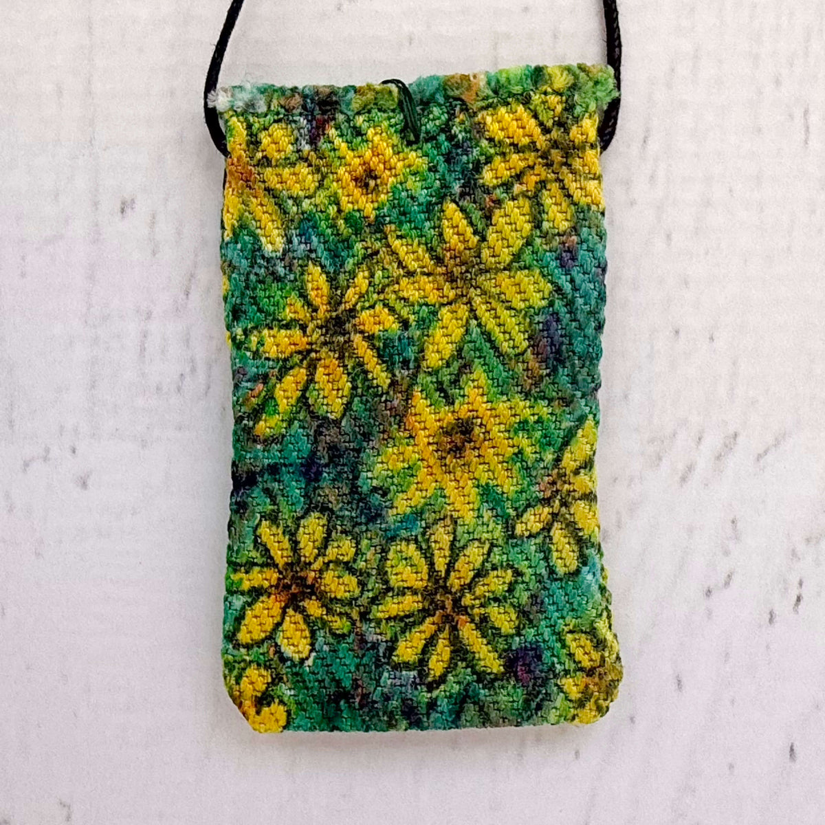 Handwoven Silk Amulet Bag - Daisies and Dragonfly