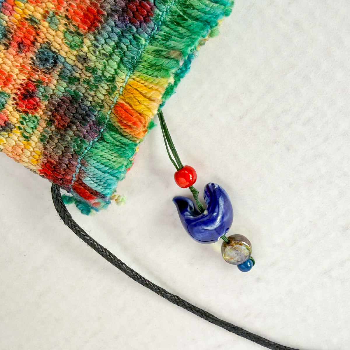Handwoven Silk Amulet Bag - Abstract Bird in Garden