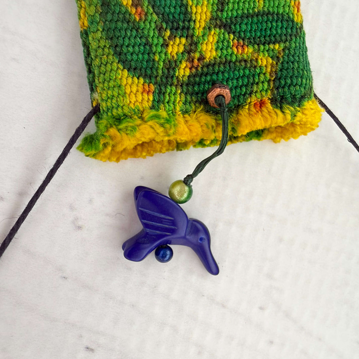 Handwoven Silk Amulet Bag - Leaves & Hummingbird