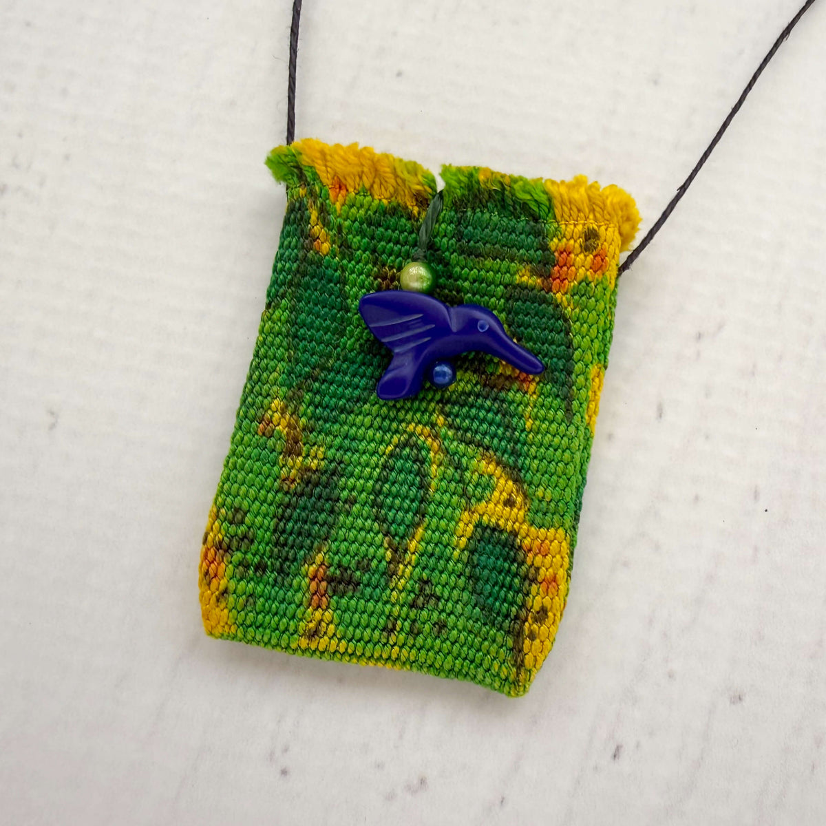 Handwoven Silk Amulet Bag - Leaves & Hummingbird