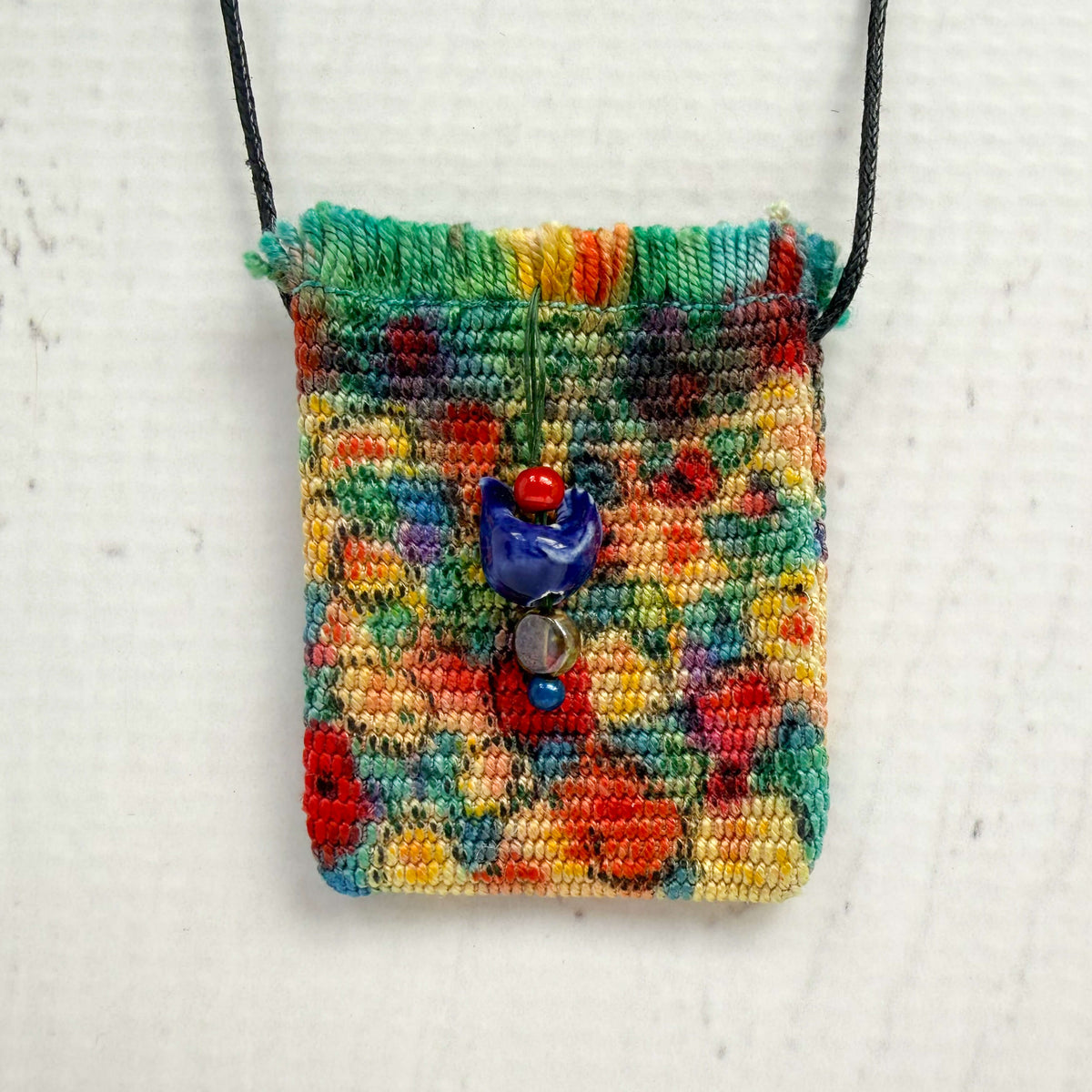 Handwoven Silk Amulet Bag - Abstract Bird in Garden