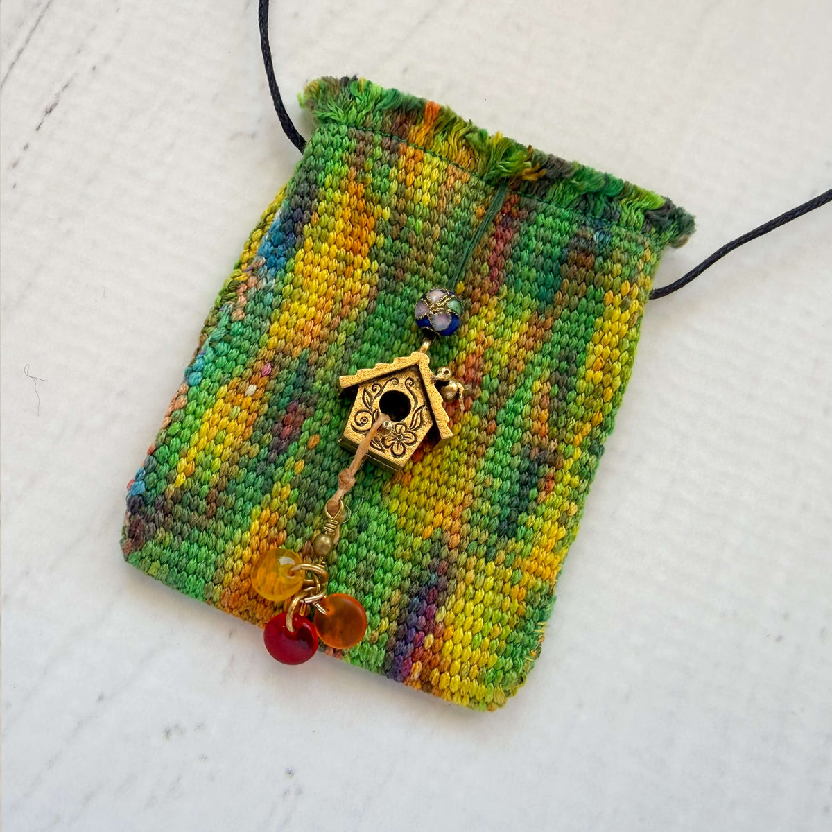 Handwoven Silk Amulet Bag - Garden Birdhouse