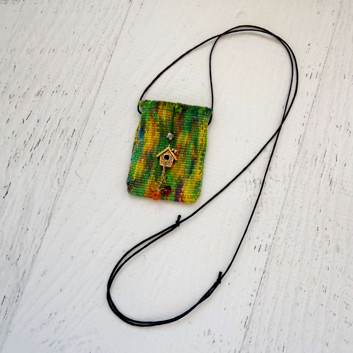 Handwoven Silk Amulet Bag - Garden Birdhouse