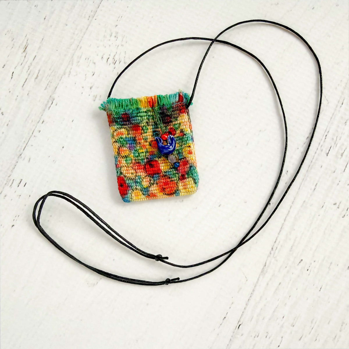 Handwoven Silk Amulet Bag - Abstract Bird in Garden