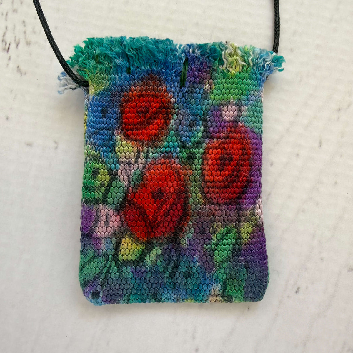 Handwoven Silk Amulet Bag - Red Roses