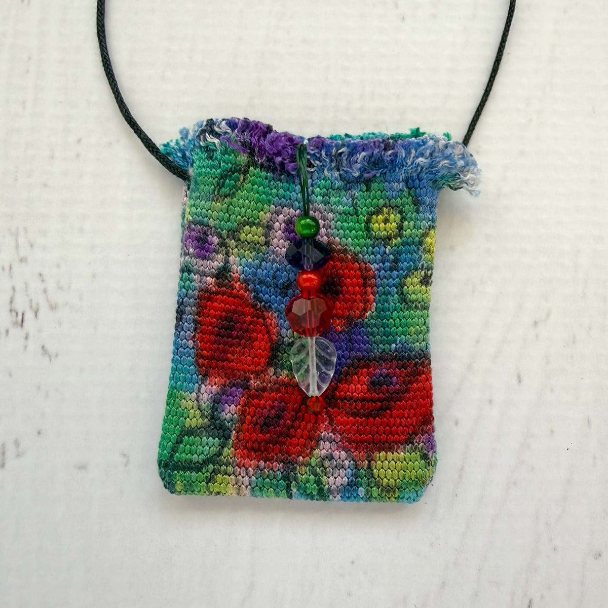 Handwoven Silk Amulet Bag - Red Roses